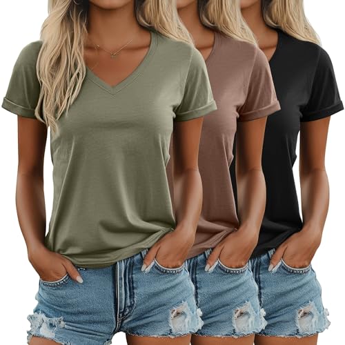 Ficerd Lot de 3 T-Shirts à Col V pour Femmes, Hauts d'Été Décontractés à Manches Courtes et Manches Retroussées, Coupe Ample(Black, Mocha, Matcha...