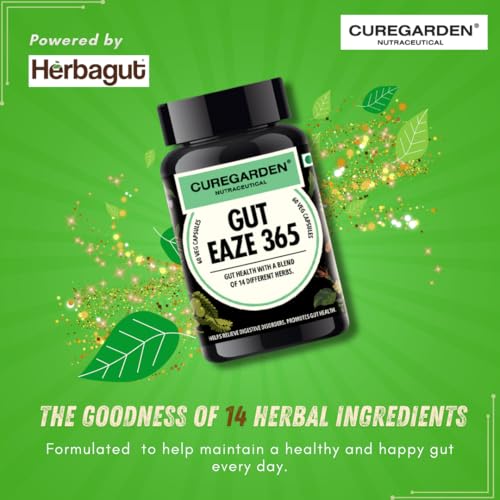 Image of Curegarden Gut Eaze 365 | Probiotic & Prebiotic Gut Health Supplement | 60 Capsules | Supports Digestive Balance, Bloating Relief & Gut Lining | Curcumin + Slippery Elm + Triphala | Natural | Men & Women