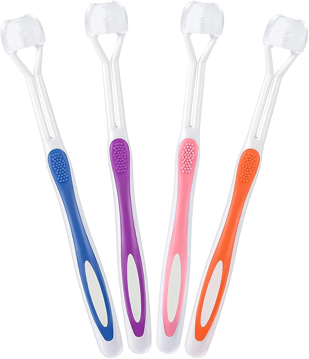 ELECDON 3 Sided Toothbrush, 4 Pieces Autism Travel Toothbrush for Adults Complete Teeth and Gum Care, Great Angle Brushes Clean Each Tooth, Soft and Gentle (Pink, Blue, Orange, Purple)