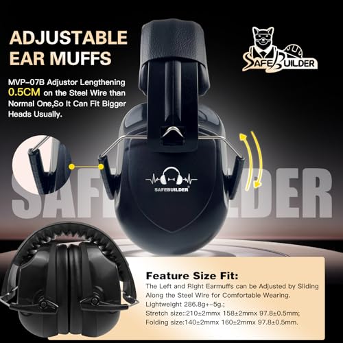Image of SAFEBUILDER Ear Muffs Noise Reduction SNR 33dB Adjustable Lightweight Safety Earmuffs Sound Proof Noise Cancelling ANSI