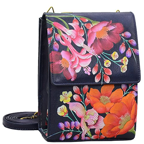 Anuschka Handbemalte Crossbody Organizer Tasche mit 3 Fächern aus echtem Leder - Moonlit Meadow