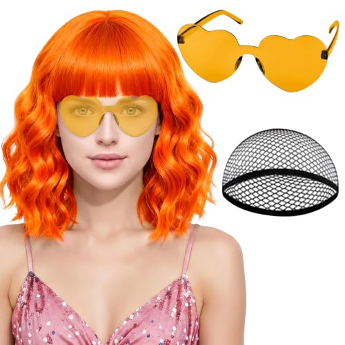 PLULON Orange Wavy Bob Wigs with Bangs Heart Sunglasses Hair Cap for Women Colored Synthetic Hair Short Bob Loose Curly Shoulder Length Wigs for Costume Bachelorette Party Music Festival