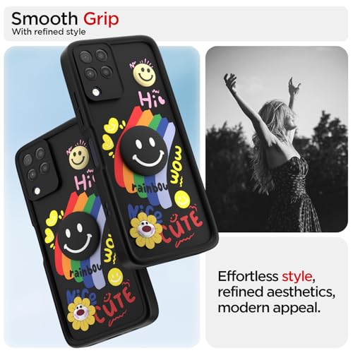Image of Pikkme Back Cover for Samsung Galaxy M32 4G / M32 Prime | Soft Silicone| Cute Rainbow Smile & 3D Cartoon Flower Design | Shockproof Raised Camera Protection Bumper Case (Black)