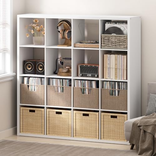 Image of Furinno Cubicle Record Player Stand, 16-Cube Vinyl Record Storage, White | Vinyl Storage, 1.2 inchInch Extra Thick, Open Back Media Shelf for CD DVD Bluray Game Disc, for Living Room, Home Office