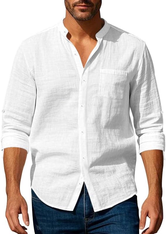Mens Long Sleeve Linen Shirt Stand Collar Lightweight Button Front Top with Pocket for Summer 03white XX-Large