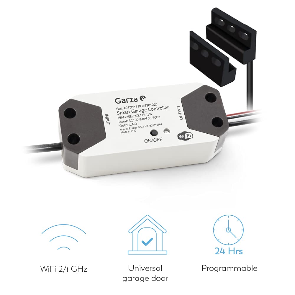 Garza Smart - Controlador de apertura de puerta de garaje inteligente, Wifi 2.4 Ghz, programable, control por app y por voz Alexa/Google, blanco