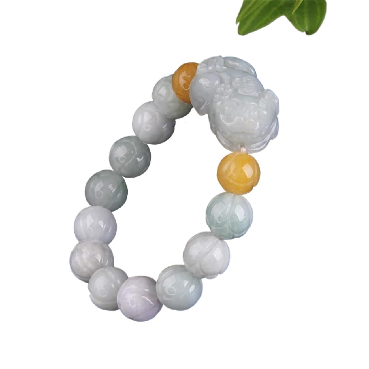 Nzpost Men's Pixiu Good Luck Bracelet, Lucky Charm Jadeite Balance Bracelet Carved Lotus Flowers Emerald Beaded