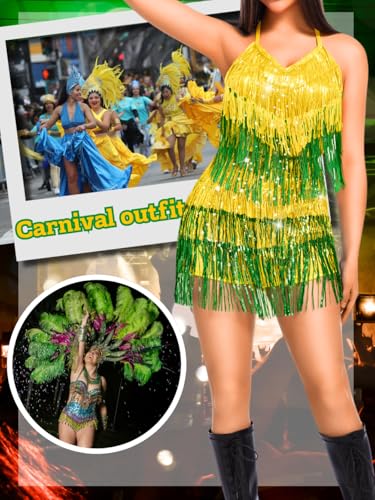 Image of Kaei&Shi Sequin Fringe Romper,Sparkly Glitter Metallic Jumpsuits For Women,Backless Shorts Dress Disco Birthday Dance Outfit