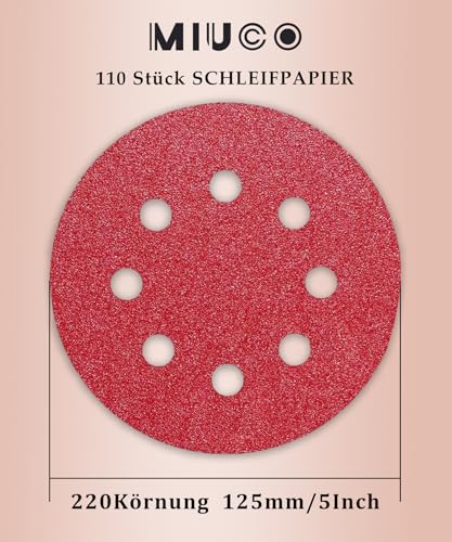 Schleifpapier 125mm Klett 220 Körnung, 8 Loch Schleifscheiben 125mm Rund Klett für Exzenterschleifer by TWSTYFAL (110 Stück)