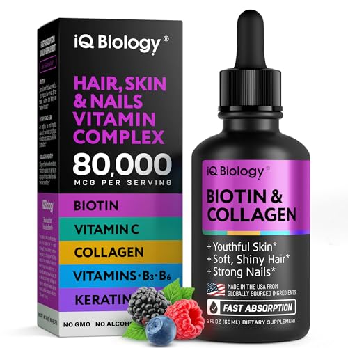 IQ BIOLOGY Liquid Biotin for Hair Growth, Skin & Nails - Hair Vitamins Drops - Biotin 5000mcg, Collagen, Keratin with Hyaluronic Acid - Multivitamin Supplement for Women & Men - 2 fl oz