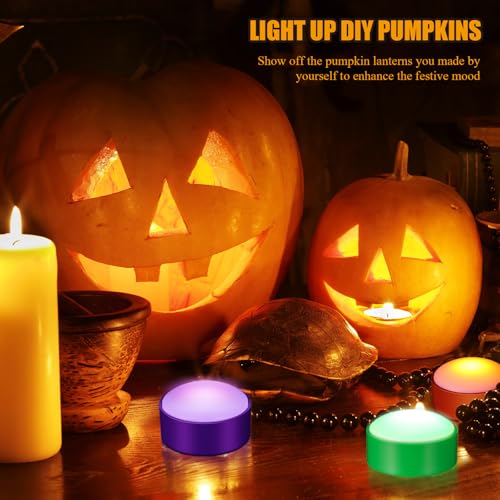 Image of Riakrum 6 Pieces Halloween Remote Timer LED Lights with Remote Summer Halloween LED Pumpkin Lights Battery Operated Lantern Bright Flameless Candle(Green, Orange, Purple)