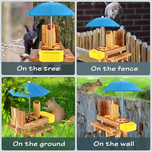 MIXXIDEA Wooden Squirrel Feeder Table with Water Bowl, Squirrel Picnic Table for Outside with Umbrella, Brown Squirrel Feeder with Corn Cob Holder Cute Chipmunk Feeder (Blue)