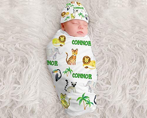 personalized swaddle blanket and hat boy