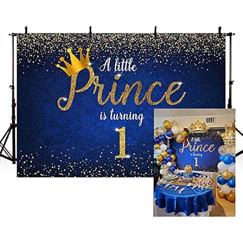 MEHOFOND 7x5ft Background Happy 1st Birthday Gold Dots Shining Blue Backdrop Crown Boy Prince Cake Table Banner Decor Photo Video Studio Photoshoot Photography Props Cover