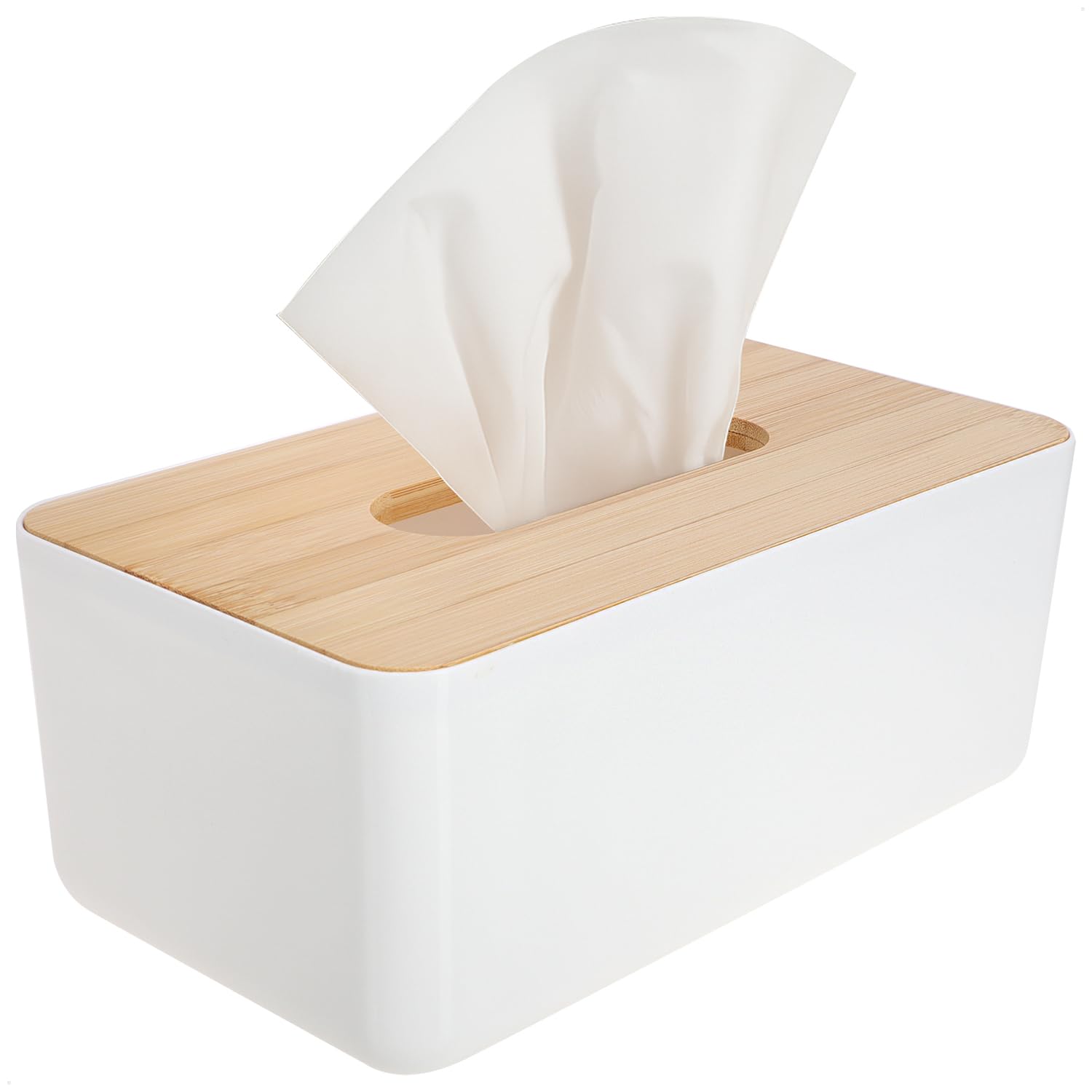 COM-FOUR® Pudelko na chusteczki kosmetyczne z tworzywa sztucznego z bambusowa pokrywka - Pudelko na chusteczki do lazienki, sypialni i salonu - podajnik reczników (1 sztuka - bambus bialy)