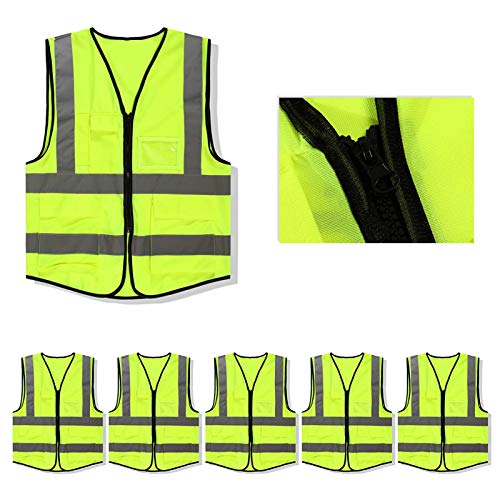 5 Pack Mount Marter Safety Vest Reflective with 5 Pockets and Zipper Green