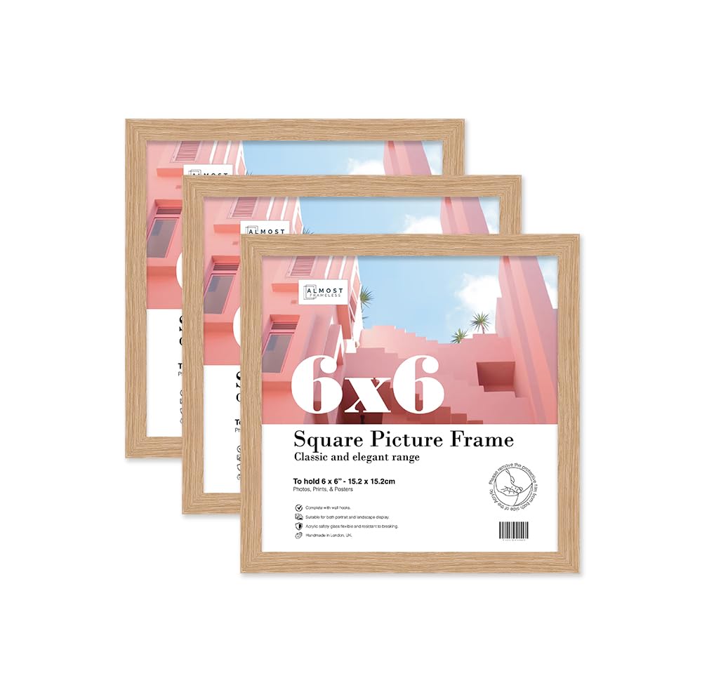 Almost Frameless 6x6 Oak Picture Frame Set of 3, Display 6x6 Picture Gallery Wall, Poster, Photo, Artwork, or Print, Oak