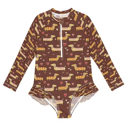 Cute Dachshund Heart Brown Girls Long Sleeve Swimsuits One Piece Zipper Bathing Suit UPF 50+ Rashguard Swimwear