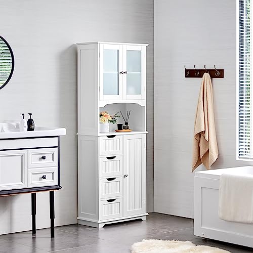 Yaheetech Tall Storage Cabinet with Glass Door, Bathroom Floor Cabinet 65.5?, Kitchen Pantry Storage Cabinet with Open Compartment, 4 Drawer and Adjustable Shelves for Bathroom, Kitchen, Living Room