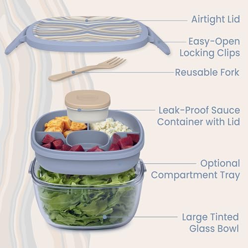 Image of Bentgo Glass Salad Container, 7.6-Cup, 4-Compartment Tray, Reusable Fork