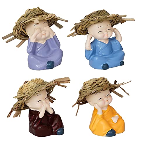 Image of AUGEN Polyresin Set of 4 Buddha Monks Statues Figurines Showpiece for Wall Shelf Table Desktop Living Room Car Dashboard Decoration Home Office Decor (Multicolour)(7698F)