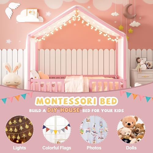 Image of Floor Bed with Canopy, High Railings and Roof, Full Size Wood House Bed Frame for Kids Bedroom (Pink /C)