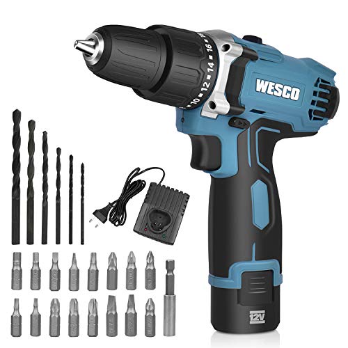 WESCO Akkuschrauber Akkubohrer 12V Akku Bohrer Schrauber Bohrschrauber Schlagbohrschrauber Drill Driver Set Drehmoment-Aufsatz 23 Bits Bohrer 25Nm Max Drehmoment Drehmomentstufen 21+1+1 Akku Ladegerät
