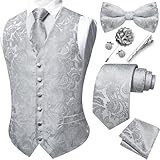 YOHOWA Formal Men Silver Vest V-Neck Suit Vests Tie Bowtie Set Paisley Jacquard Waistcoat Clip Hanky Cufflinks Lapel Pin Wedding 8PCS
