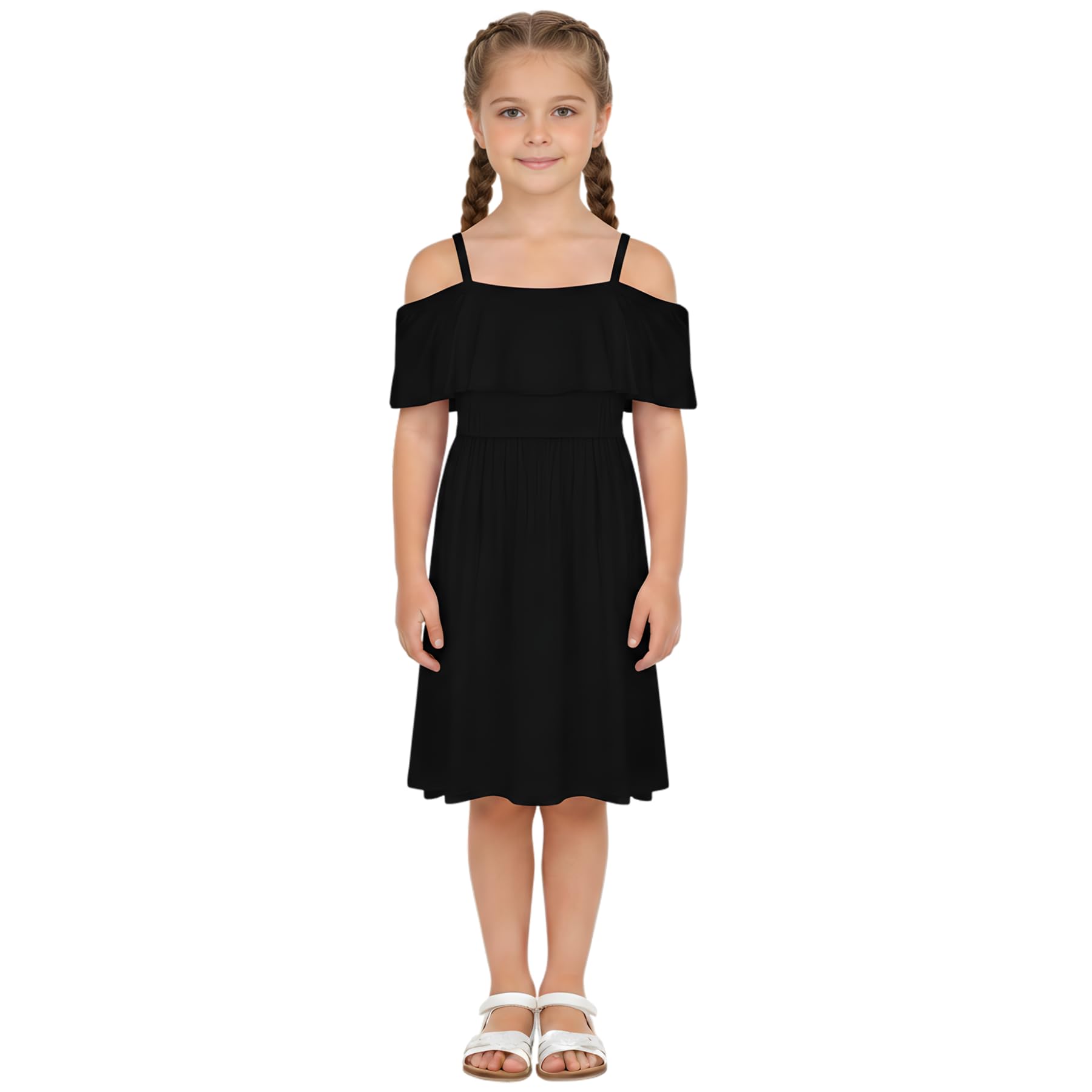 A2zkids (9-10 Years, ) Girls Skater Dress Plain Color Off Shoulder Dresses Black
