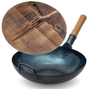 YOSUKATA Flat Bottom Wok Pan 13.5″ + Premium Wok Cover 13,5 inch Pan Lid – Blue Carbon Steel Wok with Wooden Wok Lid 13,5 in with Ergonomic Handle
