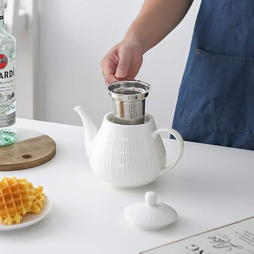 Miniatura 19 de Tetera de cerámica con infusor, tetera de 40 onzas con infusor para té suelto, lo suficientemente grande para 6 tazas, serie a rayas (limón)