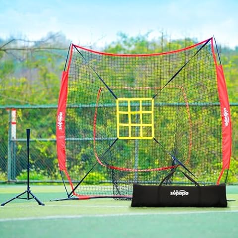Zupapa Baseball net,7X7 Feet Portable Baseball Softball Practice Net Set with Upgraded Strike Zone, Travel Tee for Hitting Pitching Batting Catching(Red) Cover