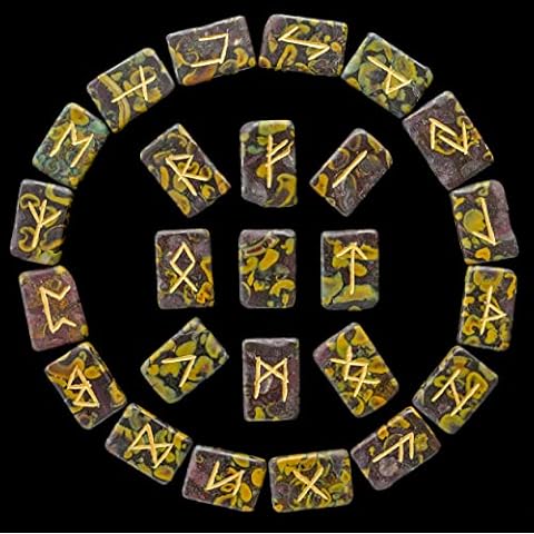 ZAICUS Fruit Jasper Rune Stones Set Polished Witches Crystal with Engraved Elder Futhark Runic Alphabet for Pagan Lettering Viking Runes Divination Norse Witchcraft Reiki Healing Brick Shaped 25 Pcs Cover