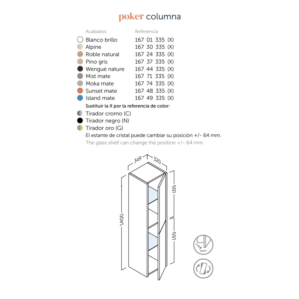 Poker Columna de Baño Suspendida con 1 Puerta | Armario Alto Baño Colgante Color 140cm de Alto x 34,9cm de Ancho x 32cm de Fondo | Blanco Brillo