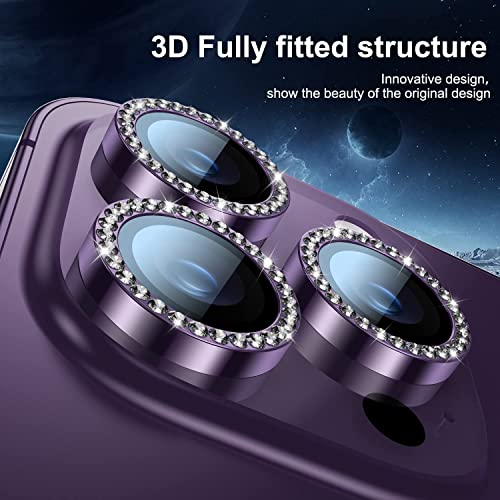 Image of Blling Diamond for iPhone 14 Pro /iPhone 14 Pro Max Camera Lens Protector Tempered Glass Alloy Metal individual Rings 9H Lens Ring Cover Case Friendly (3 Pack, Purple Diamond)