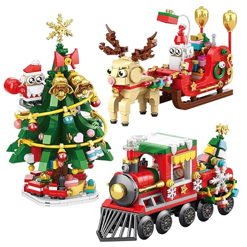 Christmas Building Block Set – 3 Pack Festive Figures, Christmas Tree, Train and Santa Sleigh with Reindeer – 1100+ Pieces – Compatible with Major Brick Brands – Gift for Boys & Girls Age 6+