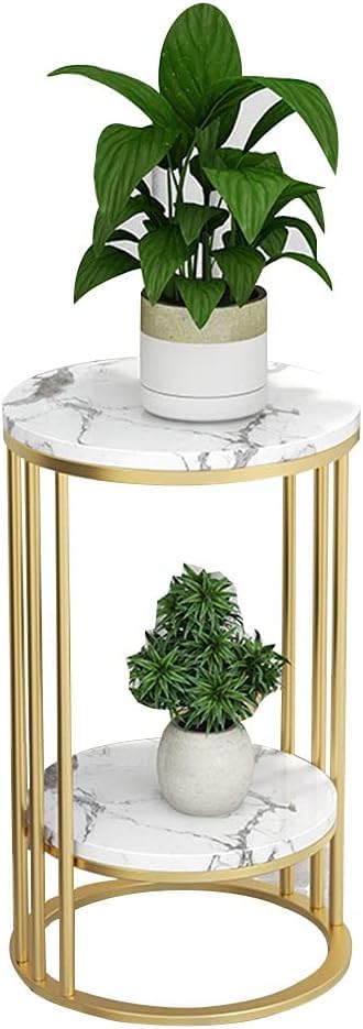 Image of ETIQUETTE ART 2-Tier End Tables, Modern Faux Marble Top Bedside Table End Table with Storage Shelf for Home & Living Room Side & Corner Table Sofa End Table (Gold & White)