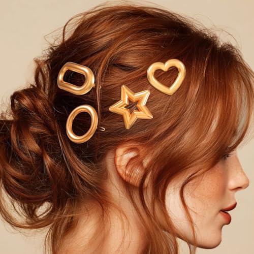 JONKY 4 piezas Pinzas de Pelo Metálicas Geométricas Doradas en Formas Redonda, Estrella, Corazón y Ovaladas para Mujeres (1-Dorado) miniatura 5