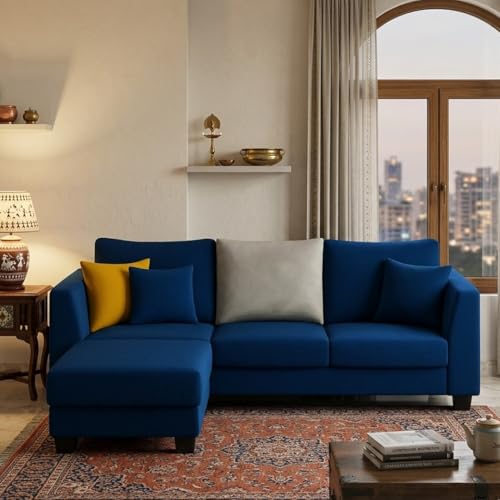 Image of SOCOZI Trevano 4 Seater L Shape Sofa Set with Movable Ottoman | Flexible Left or Right Layout | Soft Velvet Suede Fabric | Modern Design | Plush Comfort Cushions for Living Room (Blue -Light Grey)