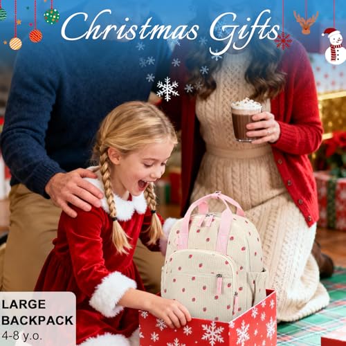 Image of Bluboon Toddler Backpack for Girls Boys 2-4 Cute 12 inch Preschool Kindergarten Backpacks Kids Daycare Bags School Travel (Strawberry-Beige L, Age 4-8 (15 inch H Fit A4 Folder))