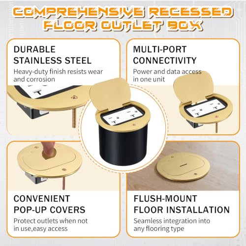 Image of Round Brass Recessed Floor Outlet Box, UL Listed Low Profile Hidden Flip-up Floor Outlet, 20A Tamper Resistant Receptacle with Watertight Gasket for Living Room, Office, Conference Room