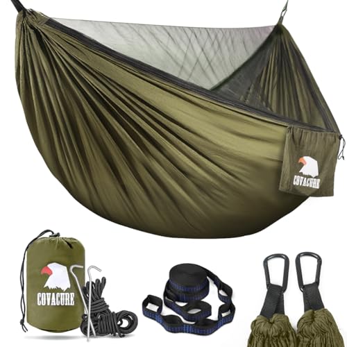 Image of COVACURE Camping Hammock - 772lbs Capacity Portable Hammock with Tree Straps, Durable Parachute Nylon Travel Hammock, Outdoor Camping Gear for Hiking, Backpacking, Travel or Backyard (Army Green)