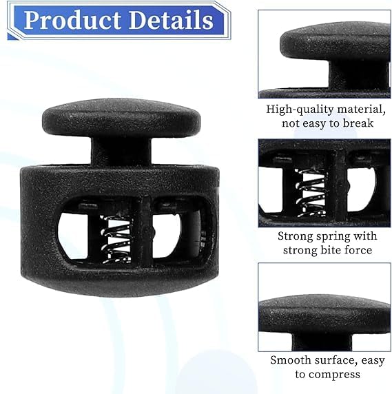 10Pcs Black Shoe Lace Tie Locks Double Hole Drawstring Stopper Fastener Elastic Drawstring Toggle Stopper Fastener for Shoelaces Paracord Clothing Bag - Image 3