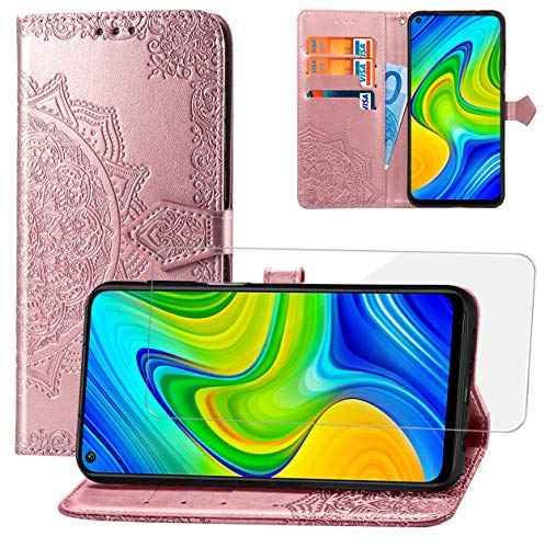 Yohii Funda Xiaomi Redmi Note 9 + Protector Pantalla de Cristal Templado, Soporte Plegable Ranuras Cartera con Tapa Tarjetas Magnético Cuero Flip Carcasas, Case para Xiaomi Redmi Note 9 - Oro Rosa