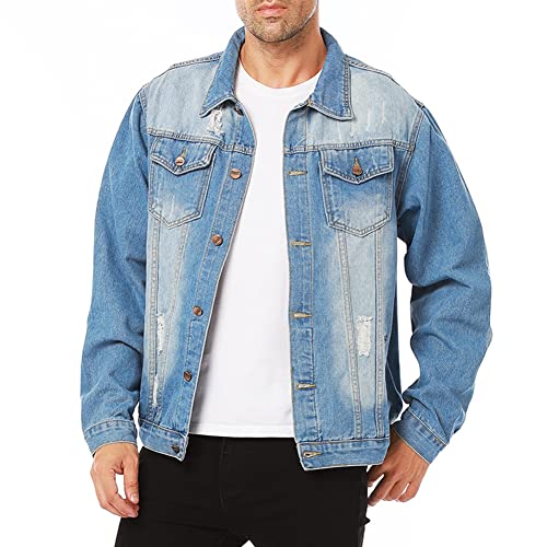 LONGBIDA Men's Jean Jacket Ripped Distressed Denim Trucker Coat with Holes3