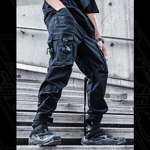 XYXIONGMAO Black Cargo Pants Men Tech Pants with an Adjustable Belt Multi Pocket Cargo Pants for Men Streetwear Pants(Black,M)2