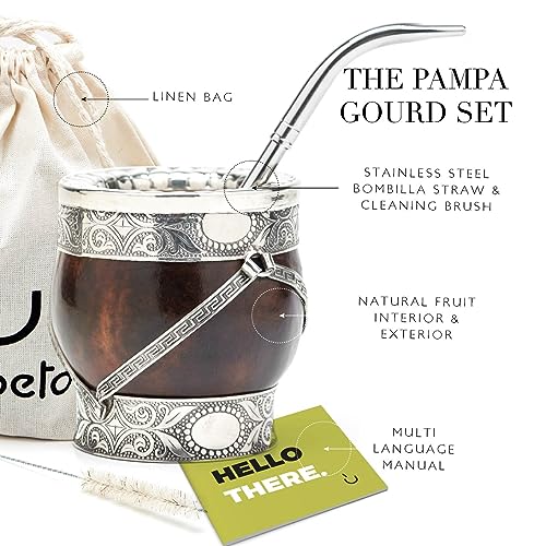 BALIBETOV Selected Collection - Yerba Mate Gourd (Mate Cup) - Premium Mate Gourd With German Silver Details - Includes Stainless Steel Bombilla and Cleaning Brush. (The Pampa Mate)