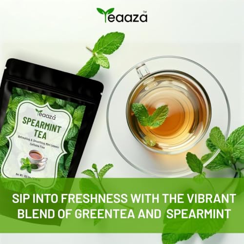 Image of TEAAZA Organic Spearmint Tea Leaves 100 Gm 100 Cups Caffeine-Free Herbal Spearmint Tea For PCOS|SUPPORTS HORMONE BALANCE,ACNE,FACIAL HAIR & PCOS RELIEF|Fresh Minty Flavor,100% Natural