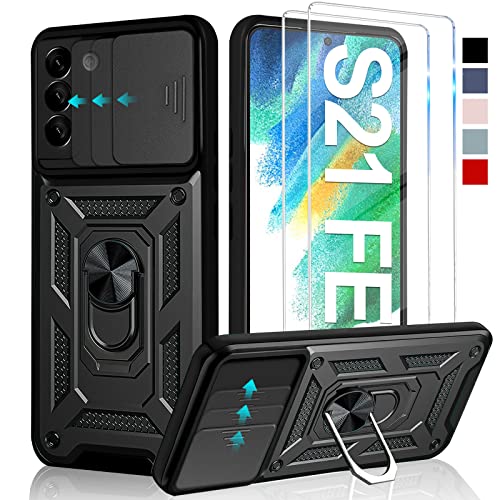 Croazhi Kameraschutz Handyhülle für Samsung Galaxy S21 Fe 5G Hülle mit Panzerglas *2 pcs, 360 Grad Metall Ring Halter Militär Standard Stoßfest Schutzhülle Handy Hüllen für Samsung S21 Fe Case Cover Cover
