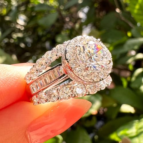 SHELOVES Brilliant Round Halo Wedding Rings for Women Vintage CZ Bridal Ring Sets 925 Sterling Silver Sz 5-104